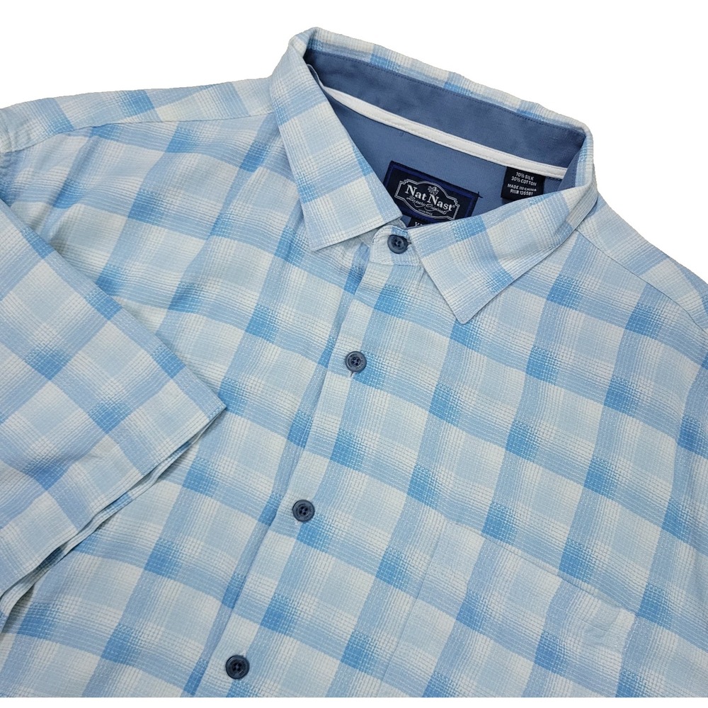 Nat Nast Luxury Originals Mens‎ XL White Blue Button Up Silk Blend